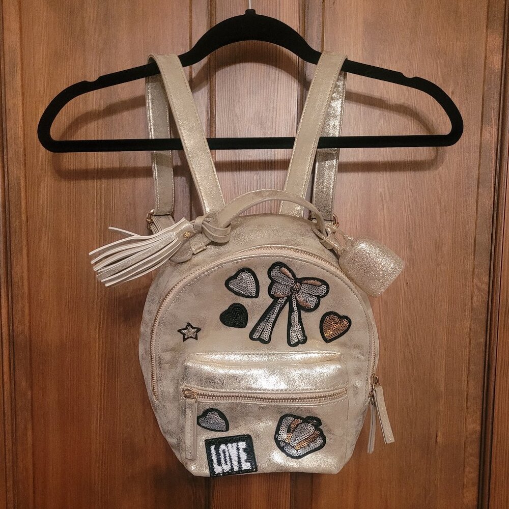 Hannah Banana Mini Distressed Gold Metallic Backpack with Sequin Patches